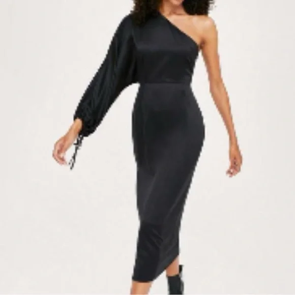 open lace back dress Bridgette One Shoulder Balloon Sleeve Poplin Midi Dress